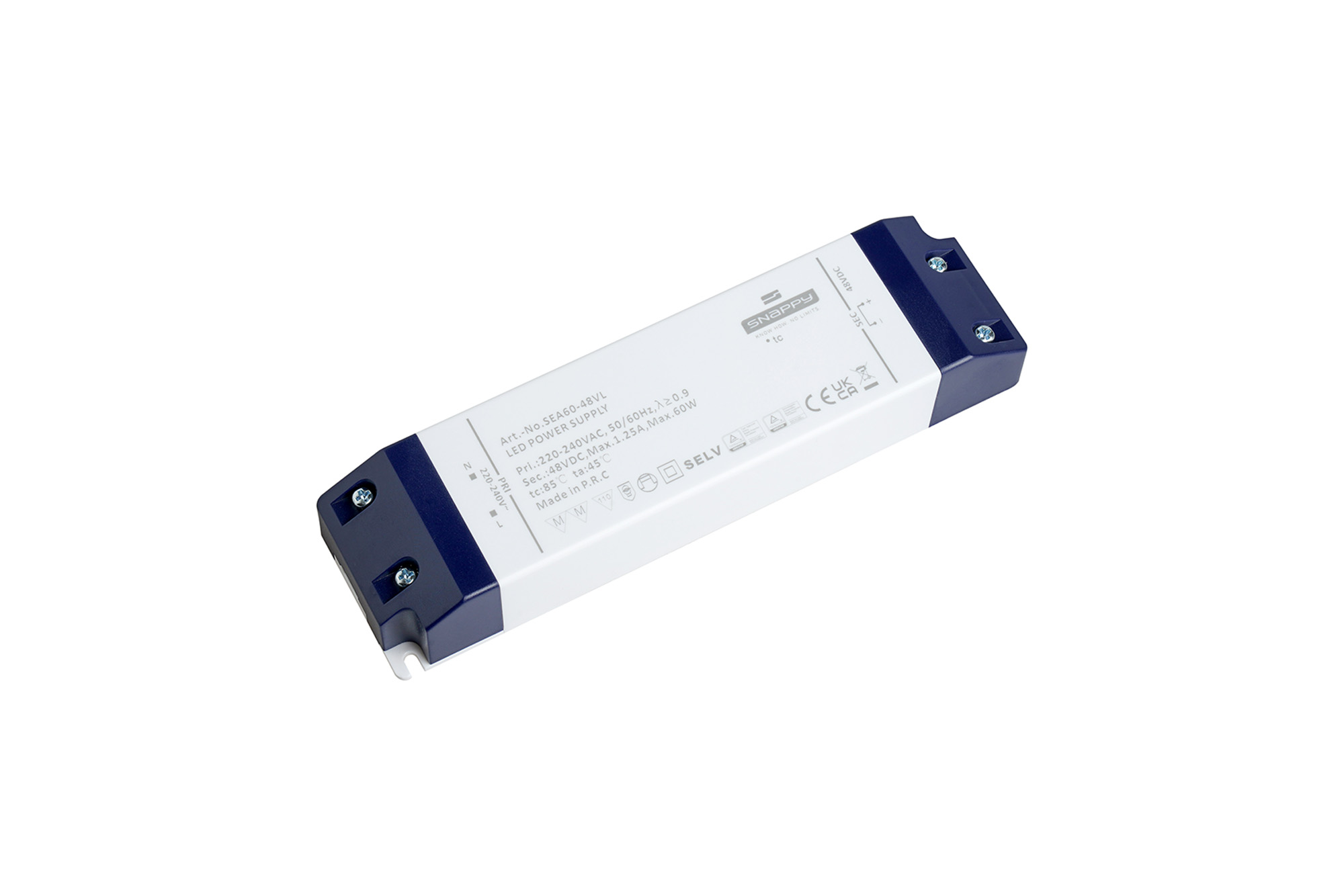 SEA60-48VL  60W, Constant Voltage Non Dimmable LED Driver, 24VDC, 1.25A, Input 200-240VAC 50/60Hz, IP20.